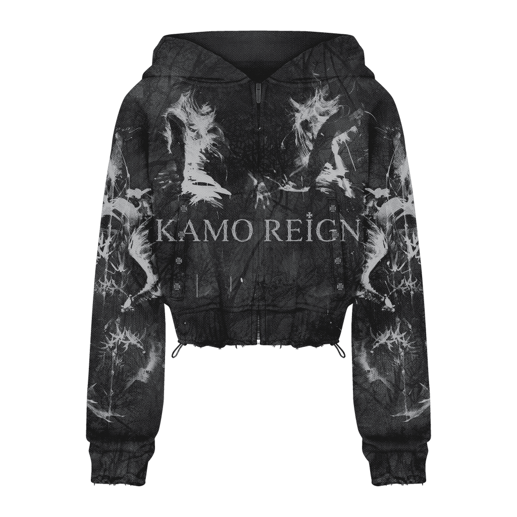 Dark Kamo Cropped Zip Up Hoodie/w Rhinestones image 0