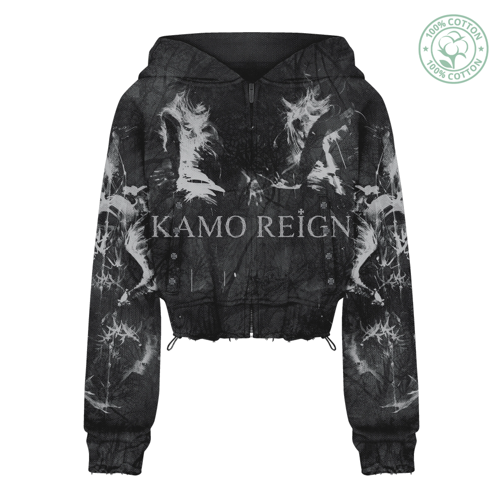 Dark Kamo Cropped Zip Up Hoodie/w Rhinestones