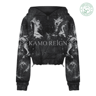 Dark Kamo Cropped Zip Up Hoodie/w Rhinestones